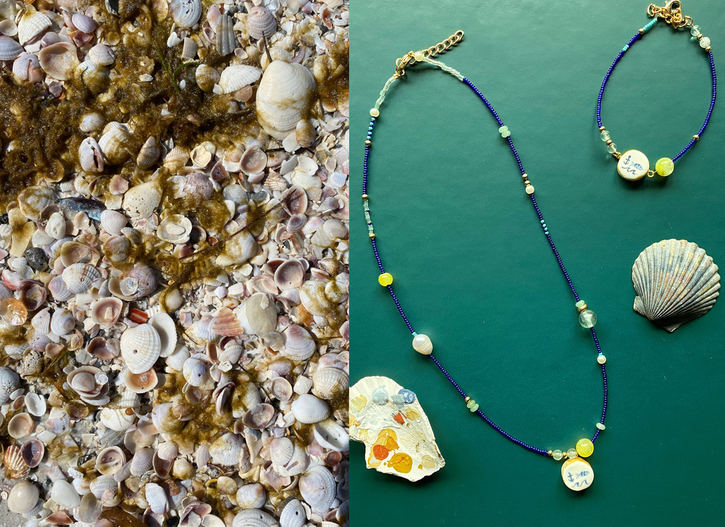 Illustrated Fish and Anchor Beaded Necklace