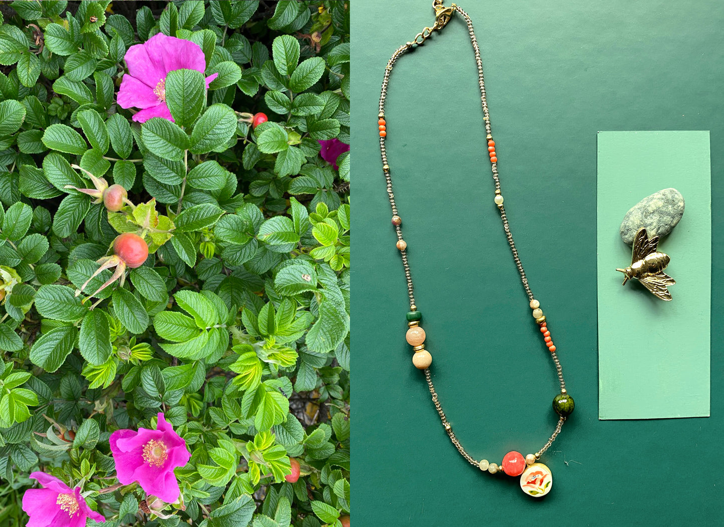 Illustrated Beach Rose Beaded Necklace