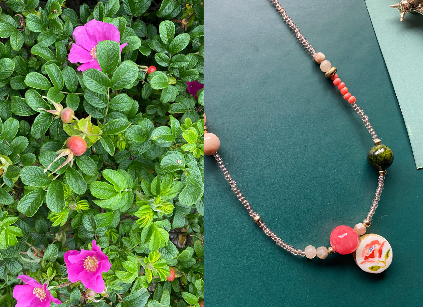 Illustrated Beach Rose Beaded Necklace