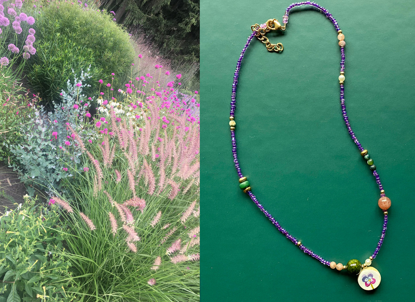 Illustrated Pansy Beaded Necklace