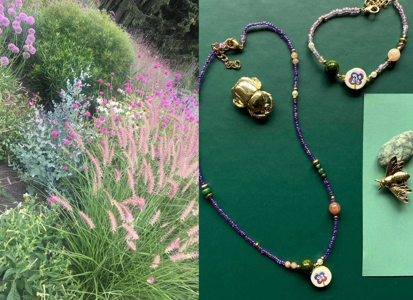 Illustrated Pansy Beaded Necklace