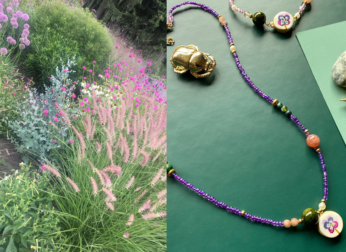 Illustrated Pansy Beaded Necklace